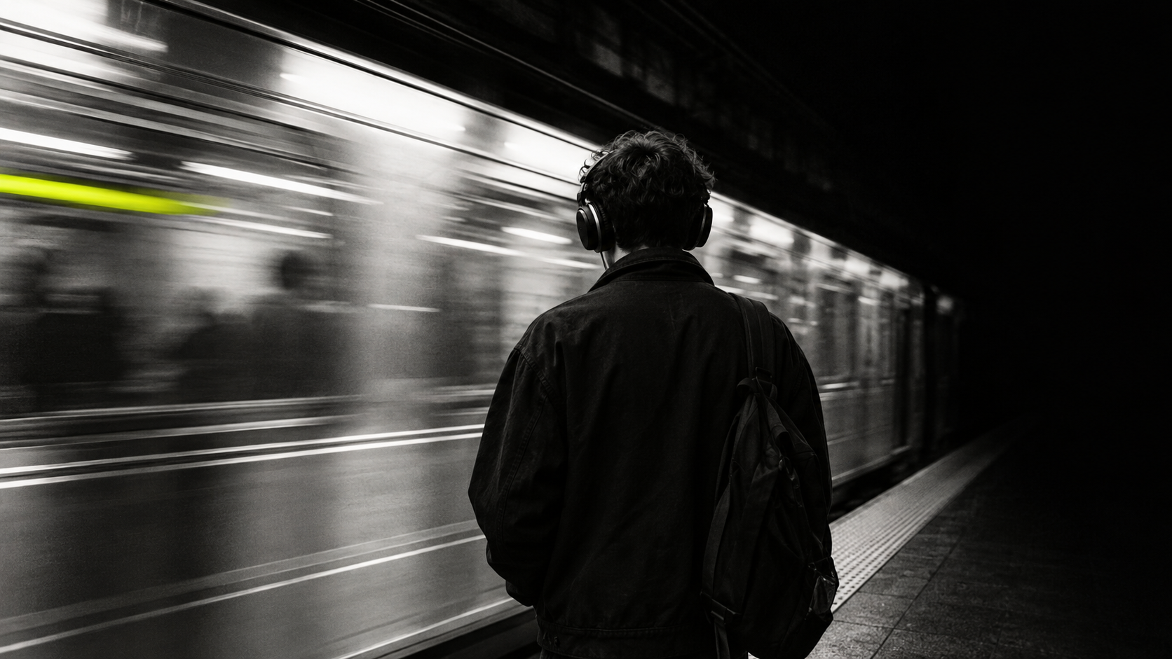 A listener wearing headphones as a subway train rushes past