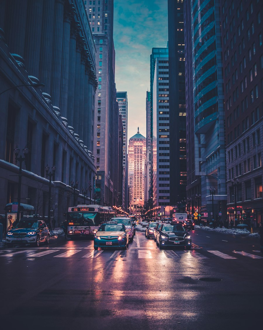 City buildings and traffic at dusk