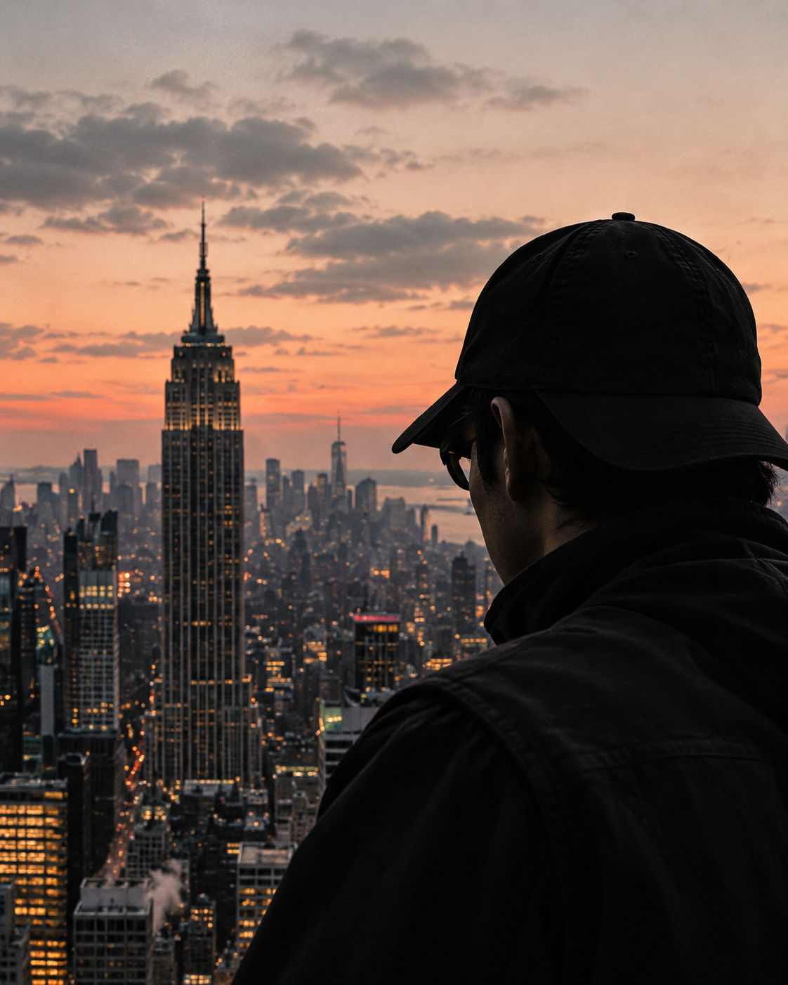 A person in a black cap looking across the Manhattan skyline
