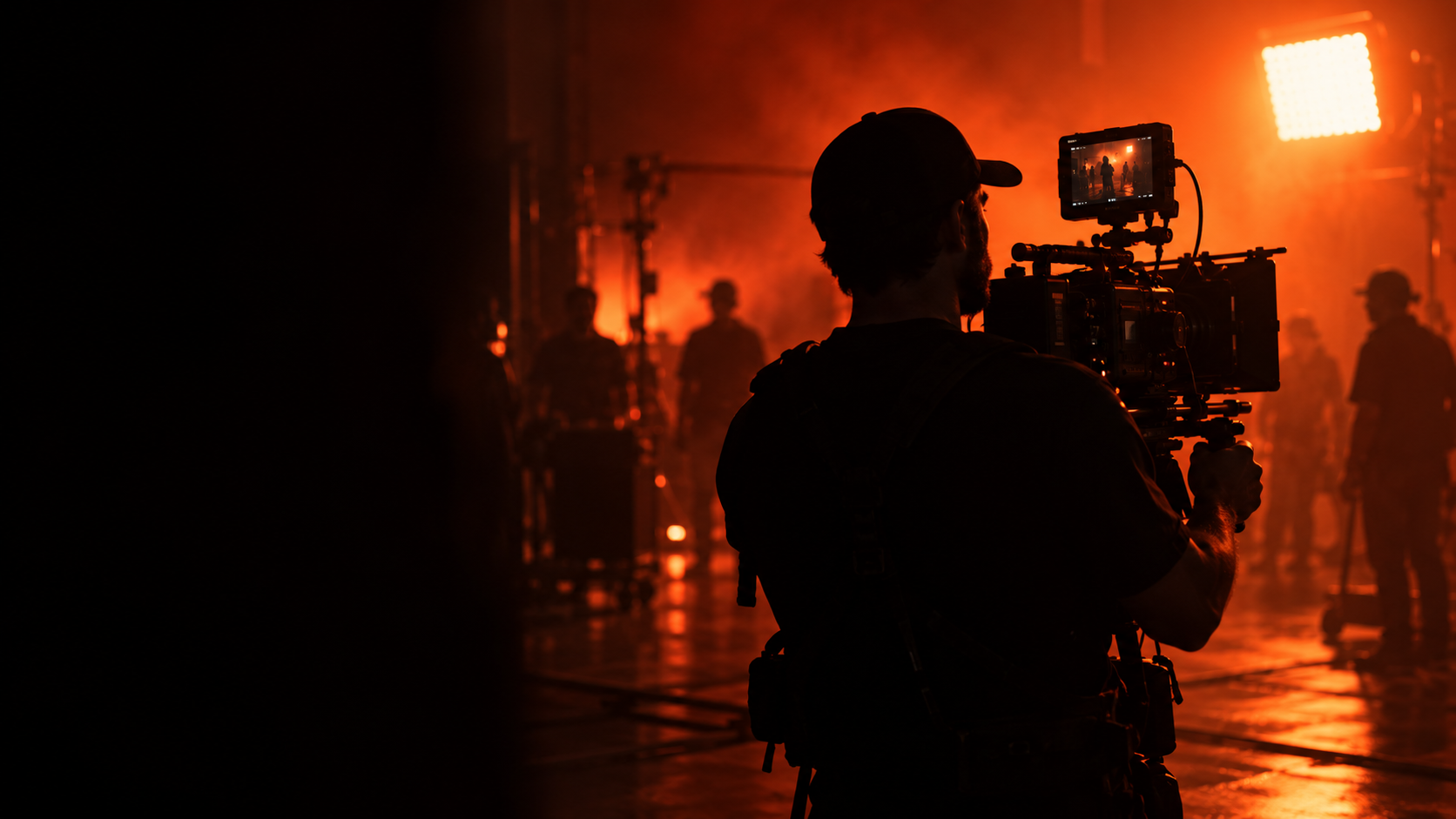 A filmmaker operating a camera on a set lit in deep orange
