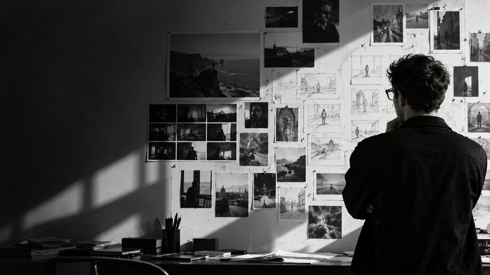 A creative director studying a wall of storyboards and photographic references